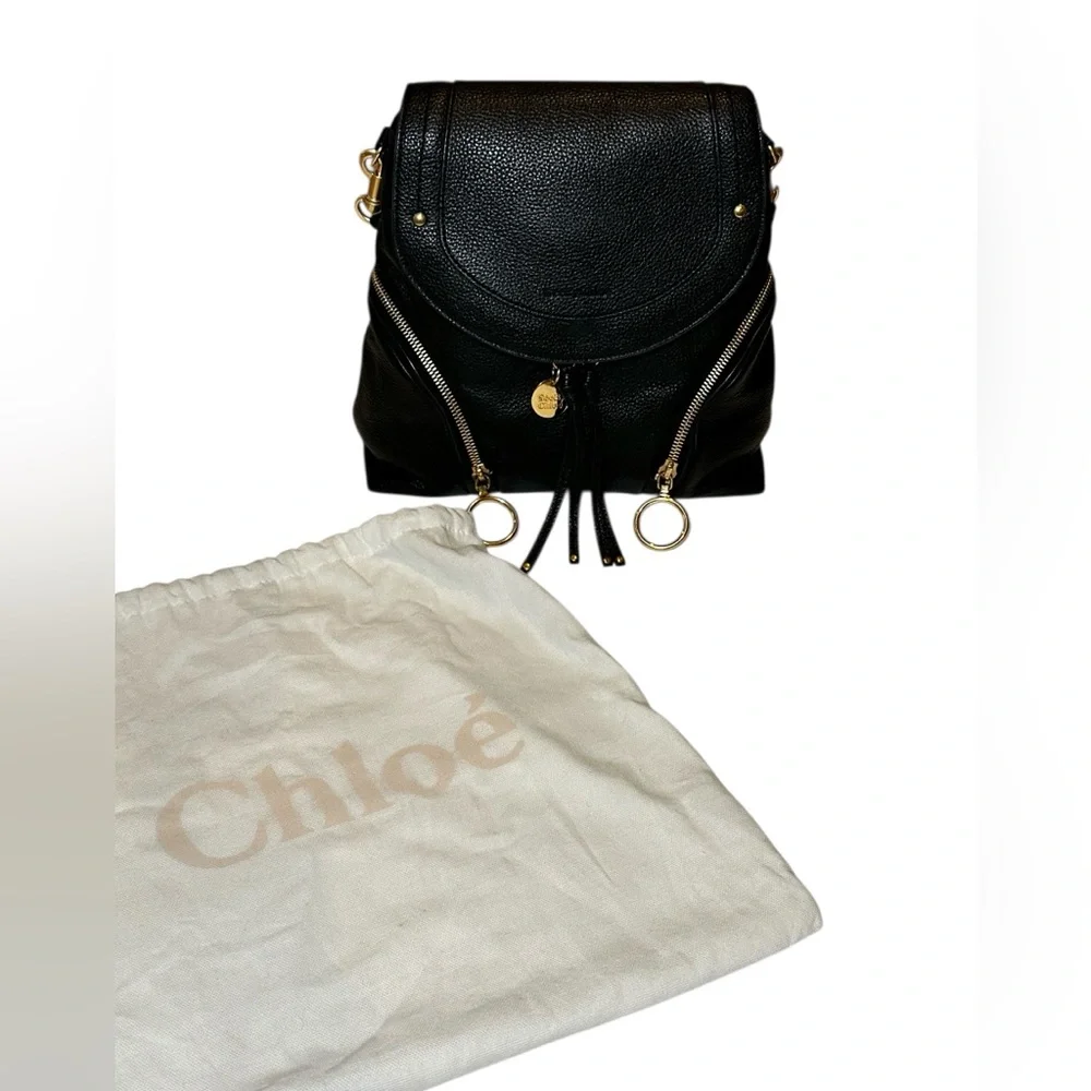 See By Chloe Olga Large Leather Black Backpack with Gold Accents